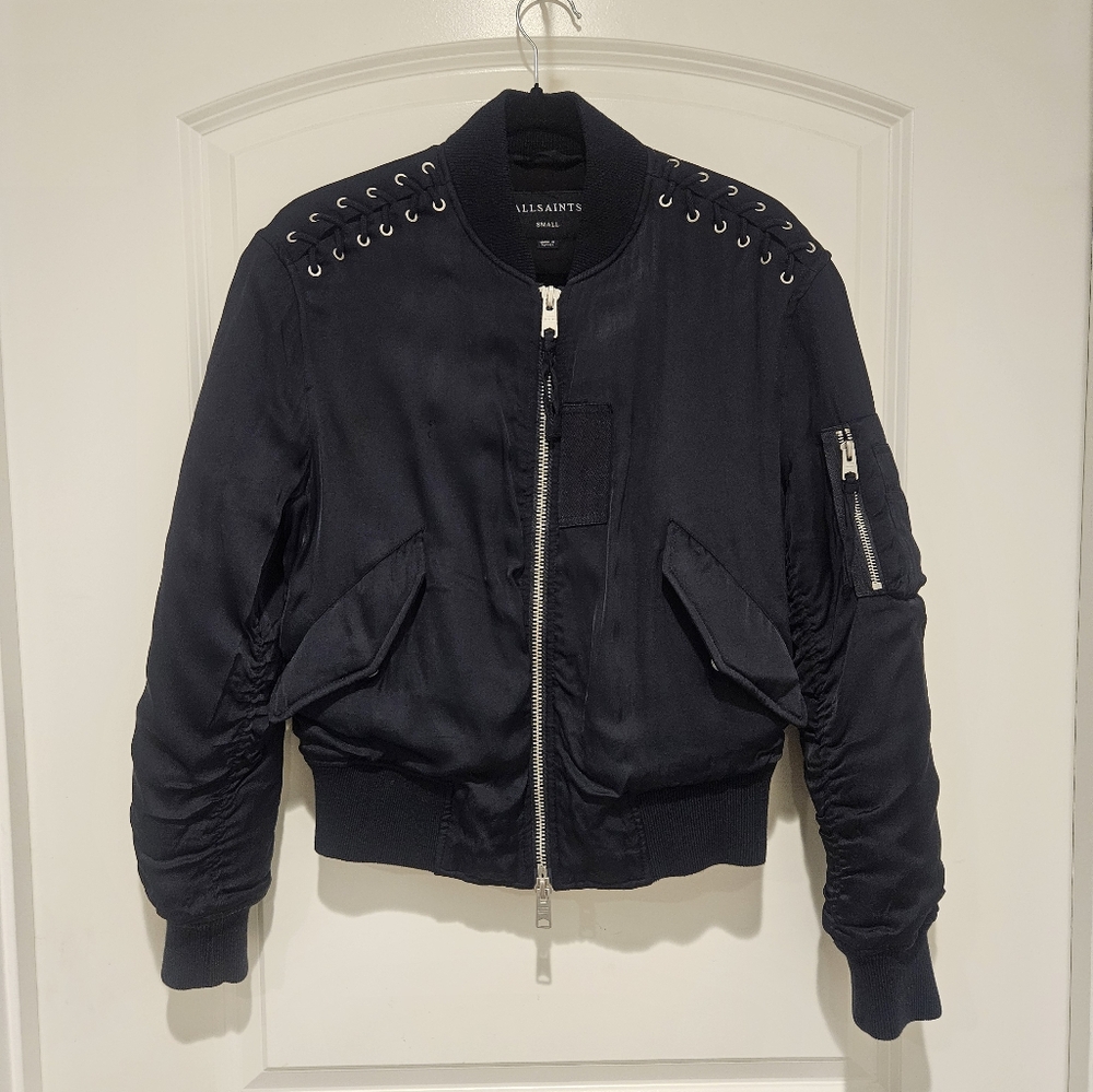 AllSaints Black Laced Shoulder Bomber Jacket